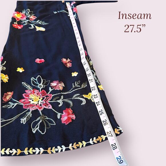 LIV Los Angeles Embroidered Wide Leg Pants Black Floral Boho Festival Rayon Sz S - Picture 8 of 11